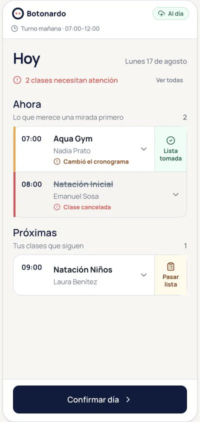 Captura real de Botonardo con clases que necesitan atención, cambios de cronograma y lista pendiente