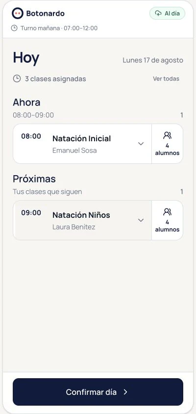 Captura real de Botonardo con las clases actuales y próximas de una jornada